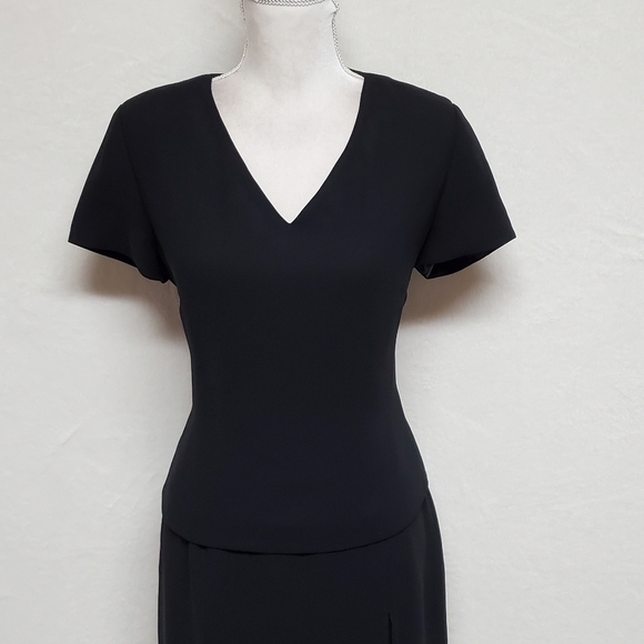 VINTAGE 90s Jones New York Black Crepe Split Button Hem Short Sleeve Maxi Dress - Picture 5 of 13